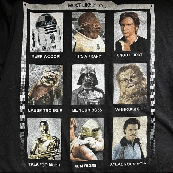 Star Wars Yearbook Characters “Most Likely To…” Black Size Large 100% Cotton EUC - Picture 4 of 7